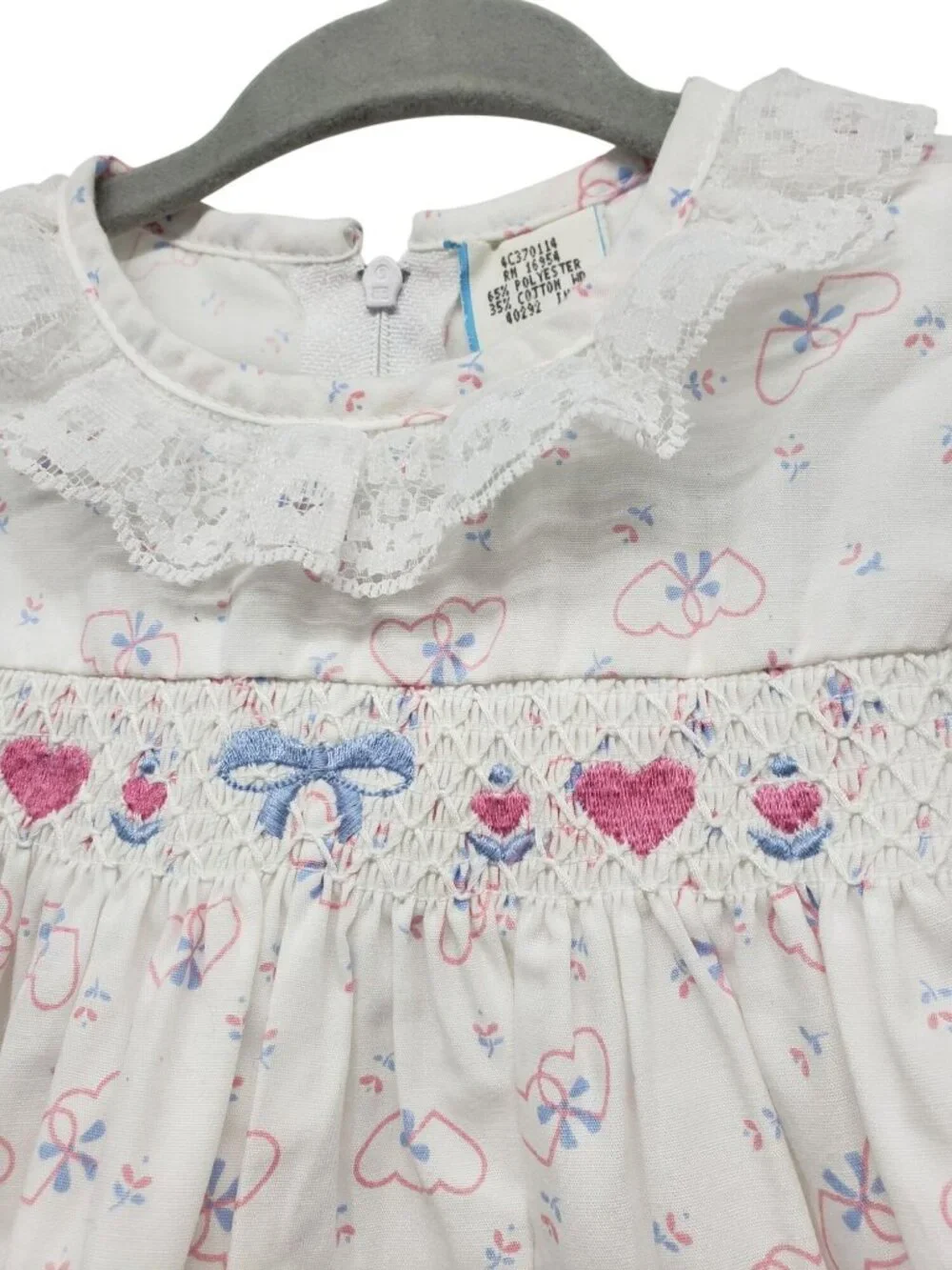 Vintage Baby Girl Smocked Bubble Romper Puff Sleeve Bow Heart White Pink 6-9 Mos
